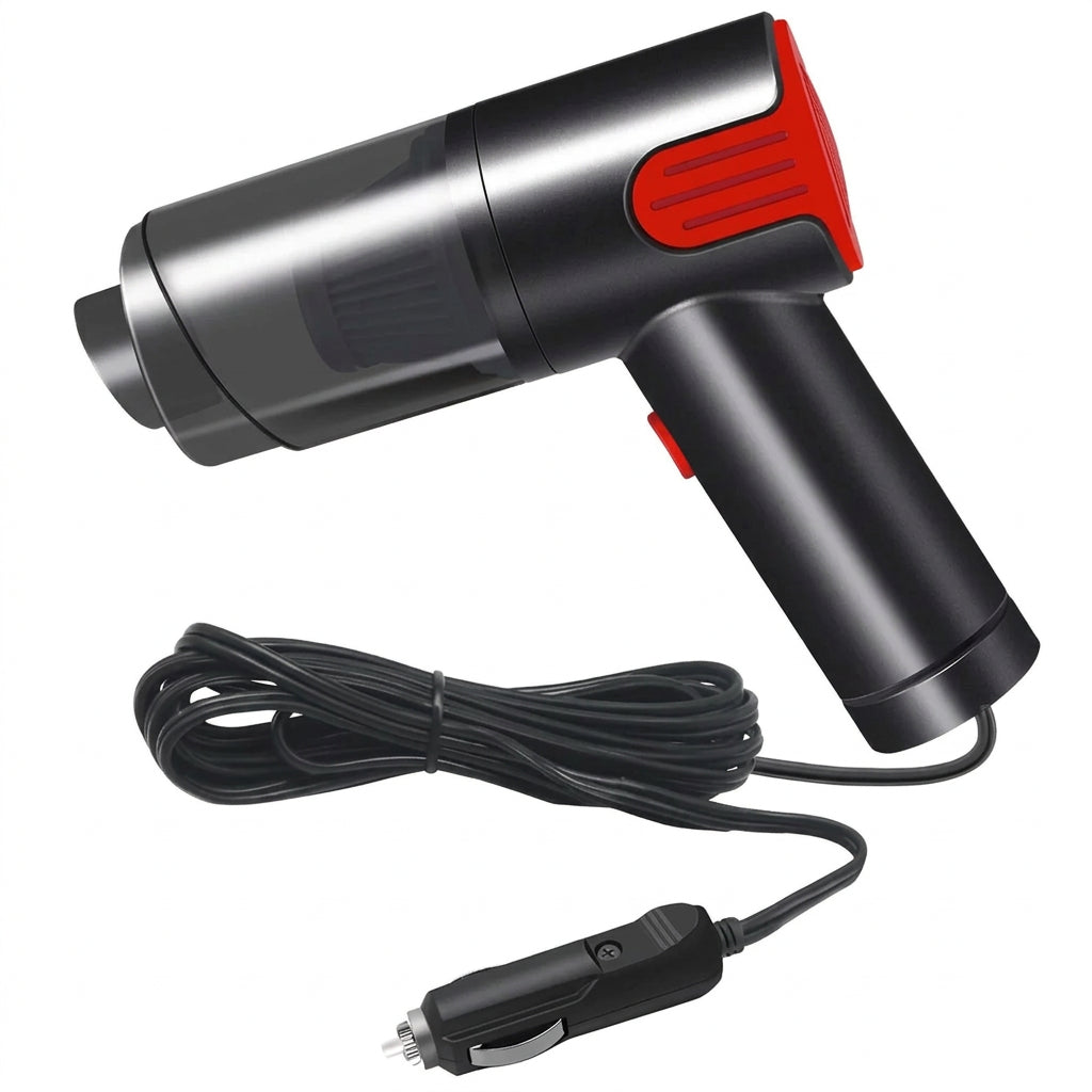 Portable car vacuum cleaner for removing dust, crumbs, and loose debris from car seats, floor mats, and interior spaces.