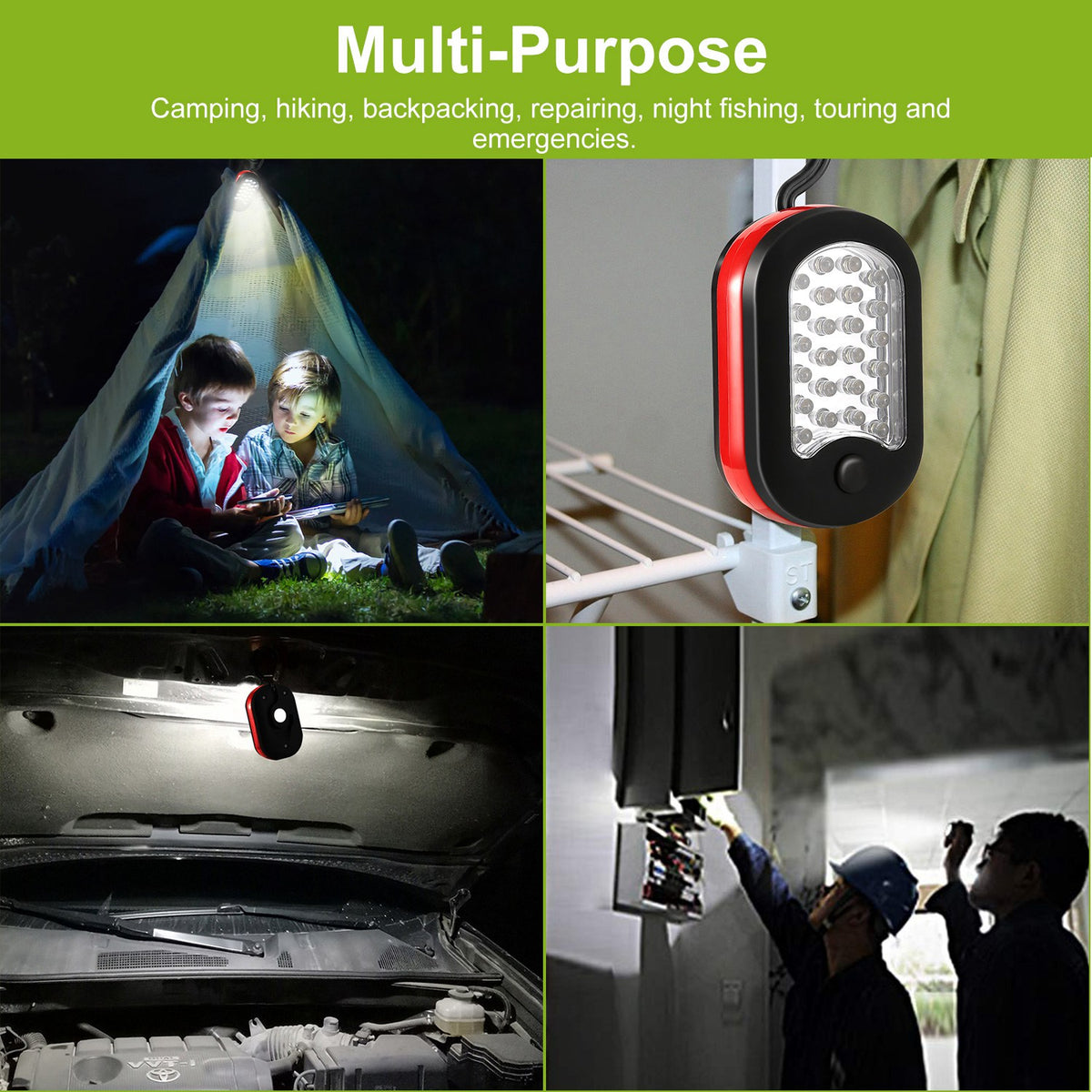 Portable magnetic work light for illuminating garage shelves, organizing household tools, and completing small home maintenance tasks in dim areas.