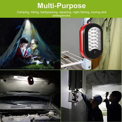 Portable magnetic work light for illuminating garage shelves, organizing household tools, and completing small home maintenance tasks in dim areas.
