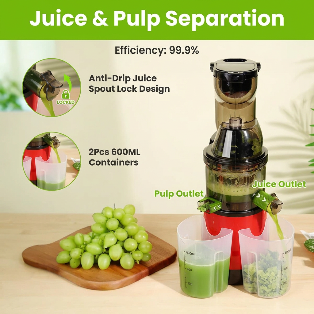 Older woman shopping online for a red cold press juicer to prepare fresh fruit and vegetable drinks conveniently in her home kitchen.